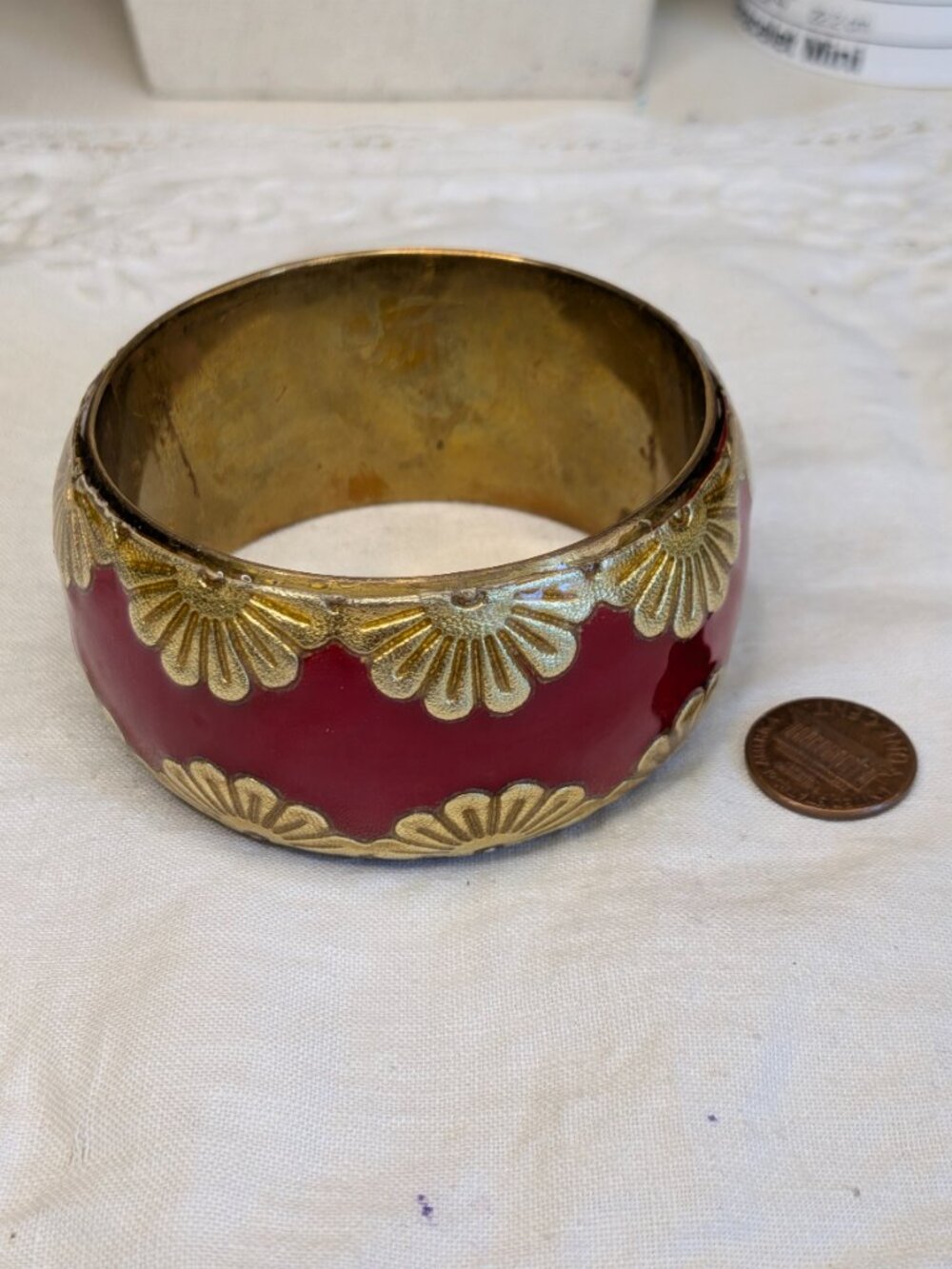 Vintage Red Enamel & Gold Floral Brass Bangle Bracelet